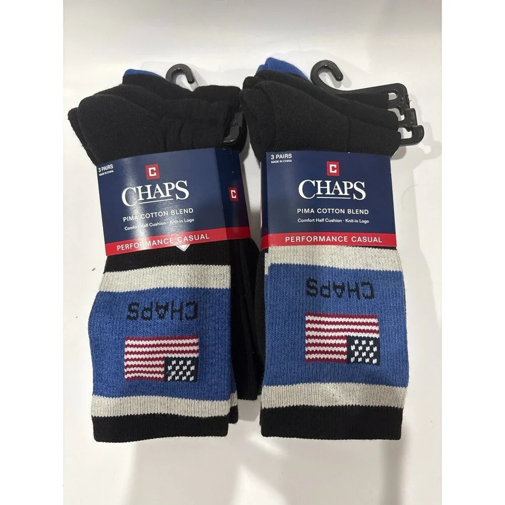 Chaps Performance Casual Crew Socks 6 Pair Pima Cotton Blend Flag Mens 6-12.5 NW